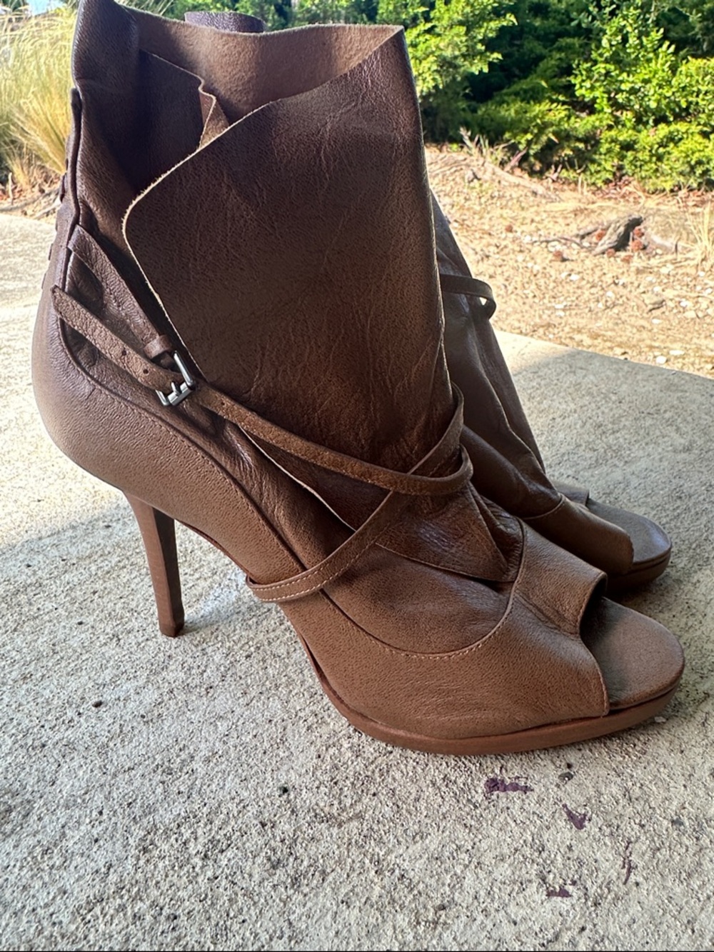 Women's Brown Peep-Toe Stacked-Heel Ankle Boots